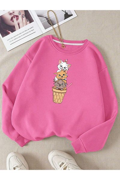 BENROMA Unisex Παιδικό φούτερ - Cute Cat Printed, Crew Neck