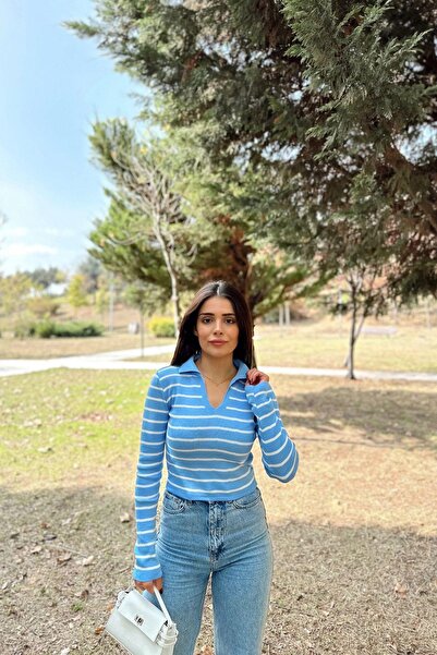 NEW LAVİVA Guler polo albastru pentru femei, mânecă lungă, corp, țesătură flexibilă, model în dungi, bluză de tricotaj