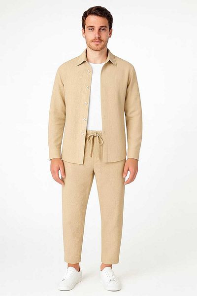DWN WEAR Bürümcük Crinkle Fabric Summer Lycra Unisex Women's Men's Long Sleeve Shirt Tracksuit Set