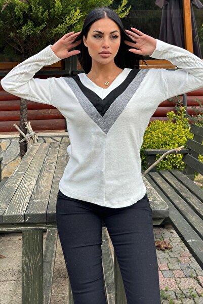 NEW LAVİVA Women's Ecru Long Sleeve V-Neck Color Block Cotton Blouse Sweatshirt