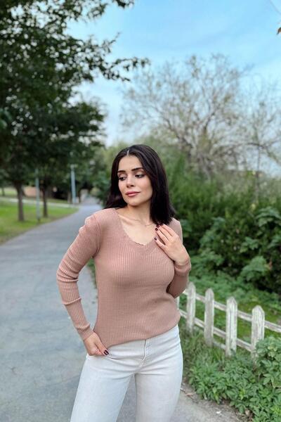 NEW LAVİVA Γυναικείο λαιμόκοψη V βιζόν, μακρυμάνικο, φόρμα που κάθεται στο σώμα, ελαστικό ύφασμα, μονόχρωμο σχέδιο, πλεκτή μπλούζα