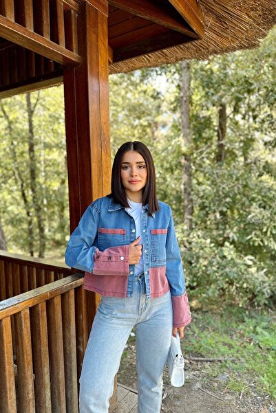 NEW LAVİVA Detaliu de culoare dublă în contrast, albastru și roșu pentru femei, cu manșetă cu nasturi în față, jachetă de blugi