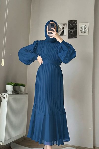 BENROMA Petrol Blue Color Chiffon Dress