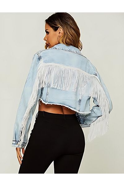 LOKADI Ice Blue Straight Tassel Denim Jacket