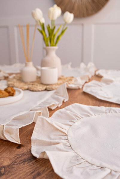 Morlay 5 Piece Ruffle Tableware Presentation Set 4 Pieces of American Service Plates + 1 Piece Ruffle Runner - 40X110 cm