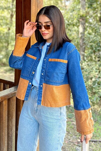 NEW LAVİVA سترة نسائية من قماش الدنيم باللونين الأزرق والبرتقالي بتفاصيل مزدو...