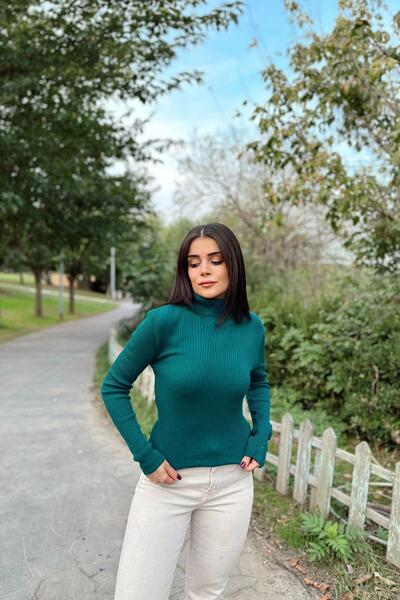 NEW LAVİVA Γυναικείο γιακά με πράσινο λαιμό, μακρυμάνικο, εφαρμογή που εφαρμόζει στο σώμα, ελαστικό ύφασμα, μονόχρωμο σχέδιο, πλεκτή μπλούζα