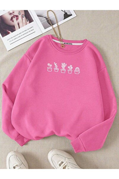 DM DOLCE MORE Hanorac oversize unisex cu decolteu rotund, cu 3 fire, din bumbac pieptănat, cu imprimeu cactus