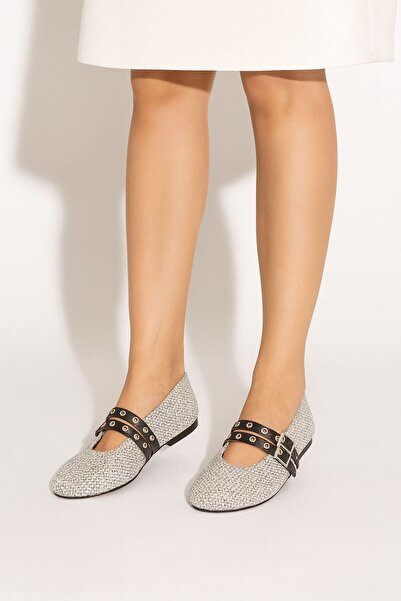 cevaplus Women's Double Strap Studded Daily Ballerina Gray Straw