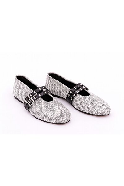 cevaplus Women's Double Strap Studded Daily Ballerina Gray Straw