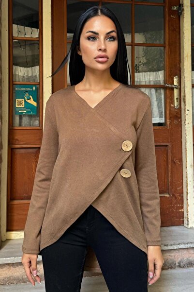 NEW LAVİVA Coffee Asymmetrical Cut, Button, Loose Cardigan Blouse