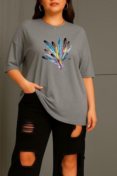 BENROMA 1 tricou este un cadou pentru achiziții de 6 și mai sus în coș - Tricou unisex cu imprimeu cu pene de pasăre de culoare Plus Size