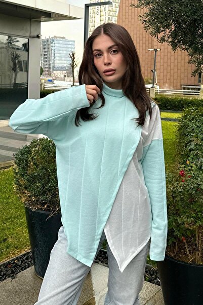 NEW LAVİVA Kadın Mint Asimetrik Kesim, Önü İki Parçalı, İnce Triko Kumaş, Sal...