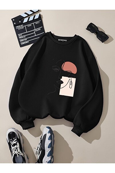 BENROMA Γυναικείο φούτερ με 3 νήματα, χτενισμένο βαμβακερό, με στάμπα προσώπου, με λαιμόκοψη, unisex, oversize