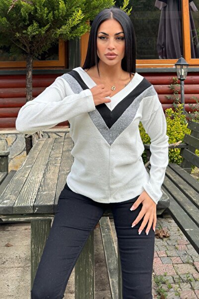 NEW LAVİVA Women's Ecru Long Sleeve V-Neck Color Block Cotton Blouse Sweatshirt