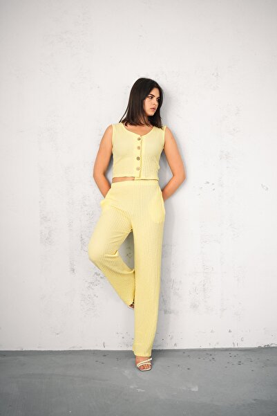 Gugus Women's Seersucker Vest Bottom/Upper Set Wide Leg High Waist Wide Leg Model