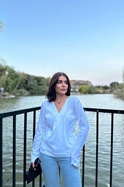 NEW LAVİVA Γυναικείο λευκό διπλό γιακά, απαλή υφή, μακρυμάνικο, πλεκτή μπλούζα