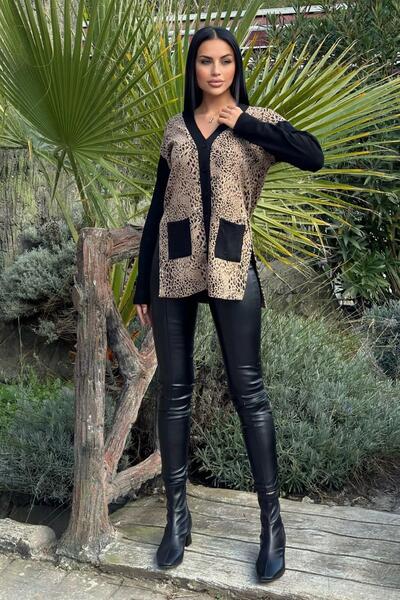 NEW LAVİVA Beige Leopard Print, Black Pocket and Sleeve Detailed Slit Knitted Cardigan