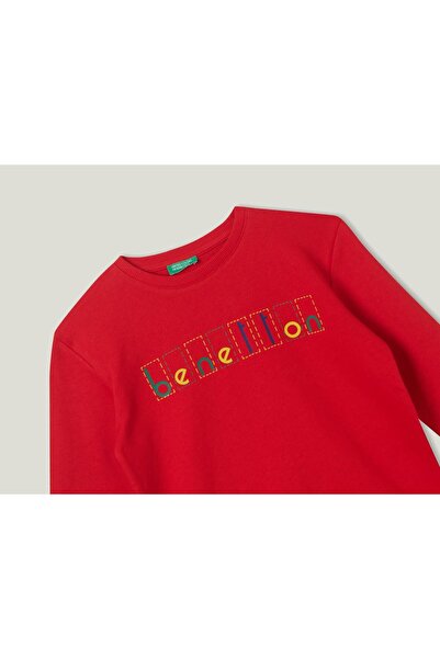 United Colors of Benetton Момичешки суичър с цветни щампи Bnt-g203 Червен