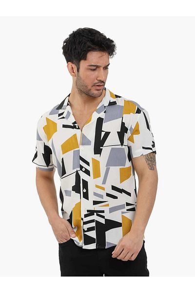 Dufy Men's Shirt - Mixed Color, Extra Slim Fit, Geometric Pattern, Apache Collar, Short Sleeve - 89456