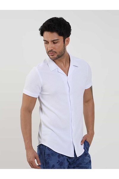 Dufy Men's Slim Fit White Shirt - Corded Apache Collar, Short Sleeve -107448