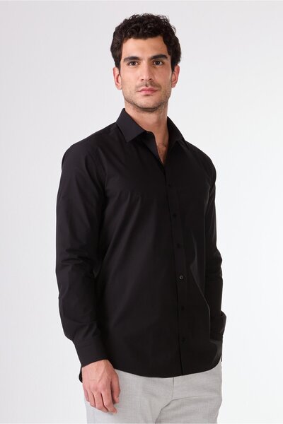 Dufy Cămașă neagră pentru bărbați, slim fit, simplă, clasică, cu mânecă lungă - 103134