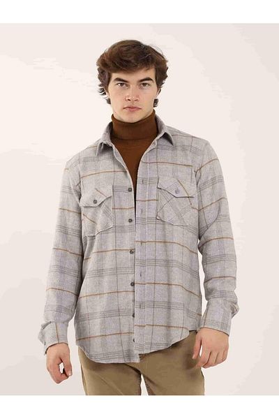 Dufy Gray Men's Regular Fit Plaid Patterned Classic Collar Long Sleeve Lumberjack Shirt - 97856