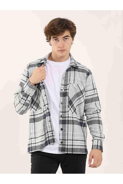 Dufy Gray Men's Regular Fit Plaid Patterned Classic Collar Long Sleeve Lumberjack Shirt - 97861