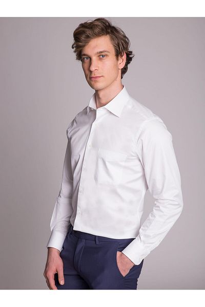 Dufy Men's White Regular Fit Shirt - Plain Brent Collar, Long Sleeve - 36117
