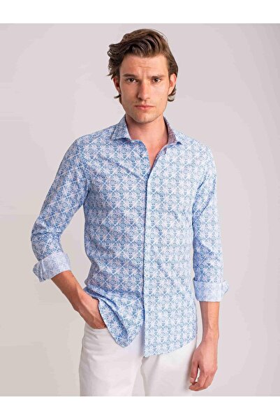 Dufy Mavi Erkek Slim Fit Baskılı Paul Yaka Uzun Kol Gömlek - 60637