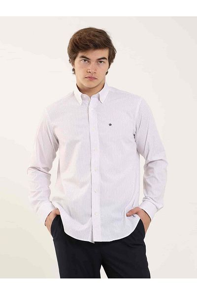 Dufy Claret Red Men's Regular Fit Striped Buttoned Collar Long Sleeve Shirt - 97911