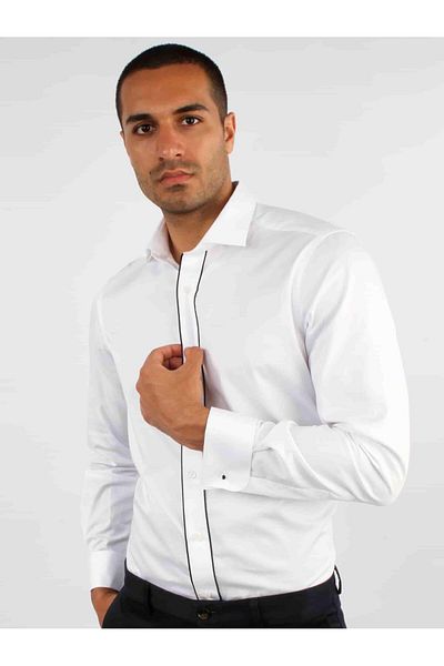 Dufy White Men's Slim Fit Plain Paul Collar Double Cuffed Sleeve Shirt - 33415