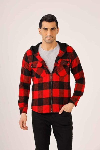 Dufy Red Men's Regular Fit Checked Zippered Hooded Long Sleeve Lumberjack Shirt - 90502