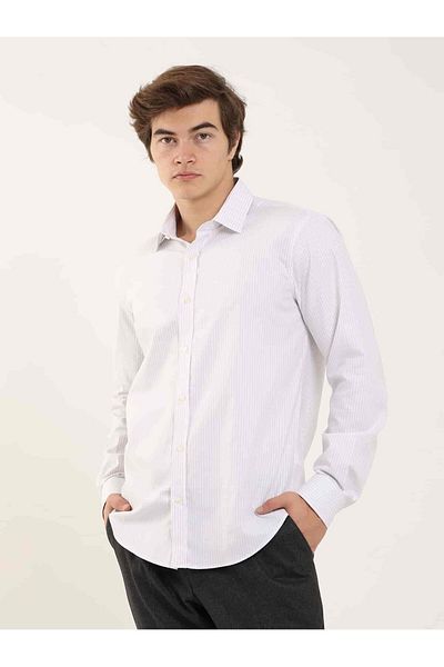 Dufy Gray Men's Slim Fit Striped Classic Collar Long Sleeve Shirt - 97946