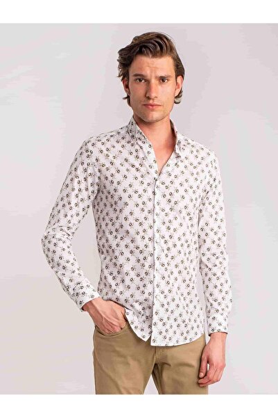 Dufy Haki Erkek Slim Fit Yaprak Desenli Brent Düğmeli Yaka Uzun Kol Gömlek - ...