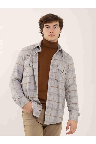 Dufy Gray Men's Regular Fit Plaid Patterned Classic Collar Long Sleeve Lumberjack Shirt - 97856