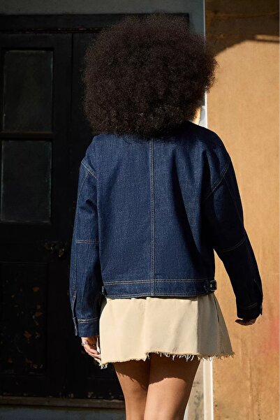 september island Dark Navy Velvet Collar Detailed Denim Oversize Lined Coat