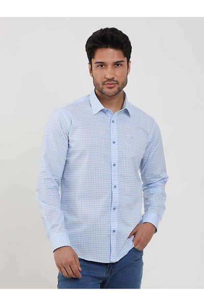 Dufy Men's Slim Fit Blue Shirt - Brent Collar, Long Sleeve -102384