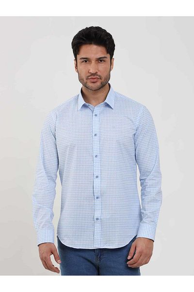 Dufy Men's Slim Fit Blue Shirt - Brent Collar, Long Sleeve -102384