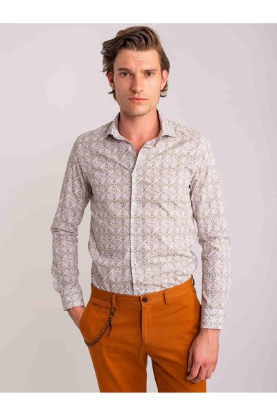 Dufy Yeşil Erkek Slim Fit Baskılı Paul Yaka Uzun Kol Gömlek - 60631