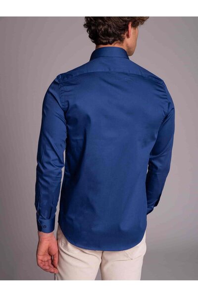 Dufy İndigo Erkek Slim Fit Düz Paul Yaka Uzun Kol Gömlek