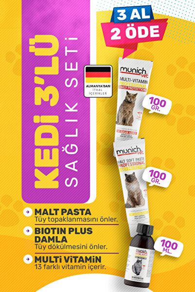 Munich Vet 3'lü Kedi Seti - Tüy Damlası Malt Pasta Multi Vitamin Pasta