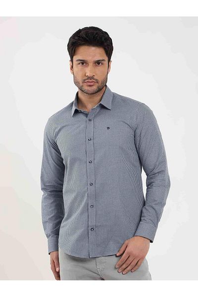 Dufy Men's Slim Fit Blue Shirt - Brent Collar, Long Sleeve, Patterned -102529