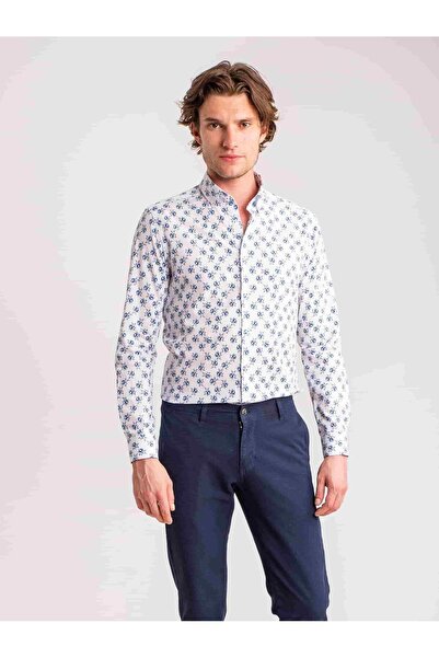 Dufy Mavi Erkek Slim Fit Desenli Brent Düğmeli Yaka Uzun Kol Gömlek - 60660