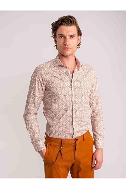Dufy Kahverengi Erkek Slim Fit Baskılı Paul Yaka Uzun Kol Gömlek - 60643