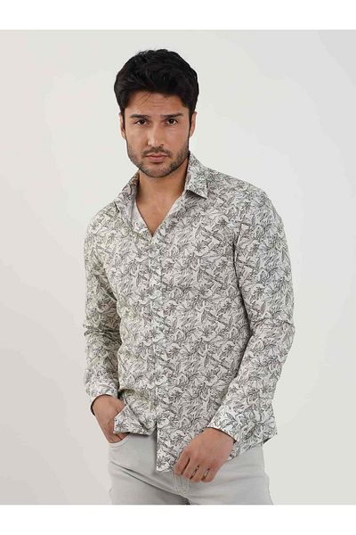 Dufy Khaki Men's Shirt - Leaf Pattern, Slim Fit, Brent Collar, Long Sleeve - 81579
