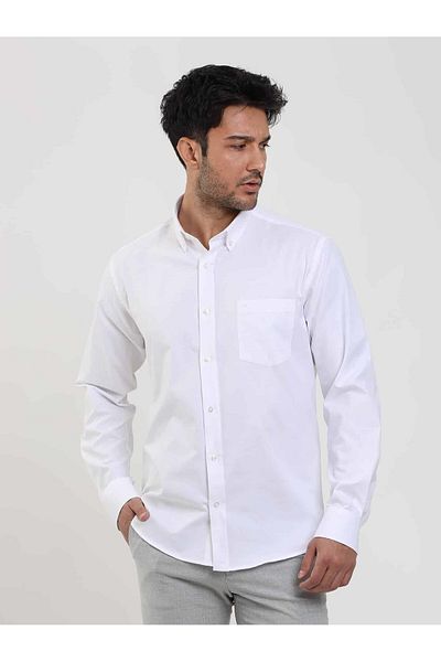 Dufy White Regular Fit Long Sleeve Shirt - Plain Brent Collar, Buttoned - 95098