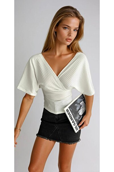 OLSAMODA Women's Double-Collar Open Back Bat-Sleeve Sleeves Knitted Fabric Bluz