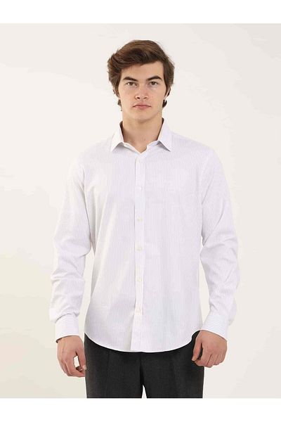 Dufy Gray Men's Slim Fit Striped Classic Collar Long Sleeve Shirt - 97946