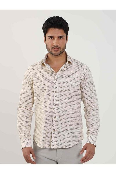 Dufy Beige Men's Slim Fit Shirt - Long Sleeve, Brent Collar, Checkered Design -102409